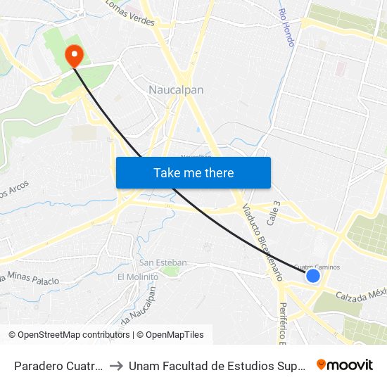 Paradero Cuatro Caminos to Unam Facultad de Estudios Superiores (Fes) Acatlán map