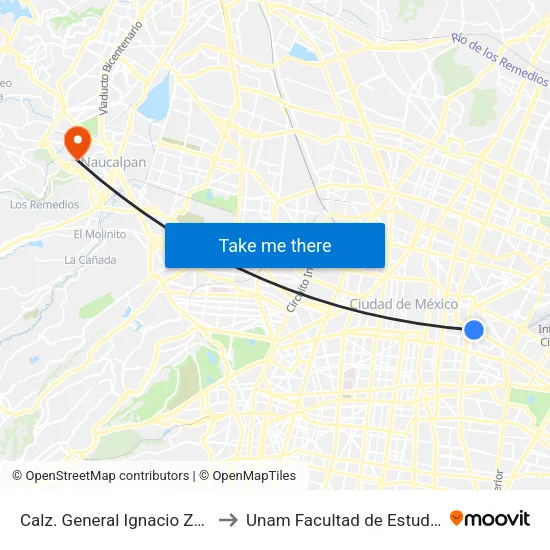 Calz. General Ignacio Zaragoza - Metro Moctezuma to Unam Facultad de Estudios Superiores (Fes) Acatlán map