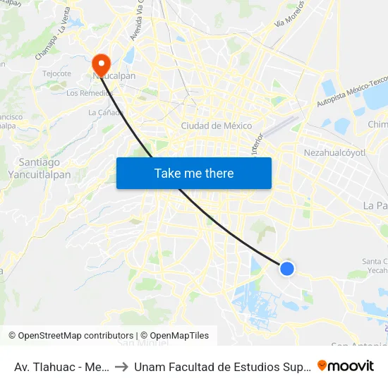 Av. Tlahuac - Metro Tezonco to Unam Facultad de Estudios Superiores (Fes) Acatlán map