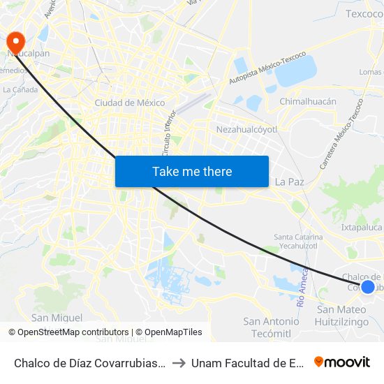 Chalco de Díaz Covarrubias Chalco Estado de México 56625 México to Unam Facultad de Estudios Superiores (Fes) Acatlán map