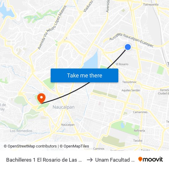 Bachilleres 1 El Rosario de Las Culturas El Rosario Croc VI Olimpia Azcapotzalco Cdmx 02100 México to Unam Facultad de Estudios Superiores (Fes) Acatlán map