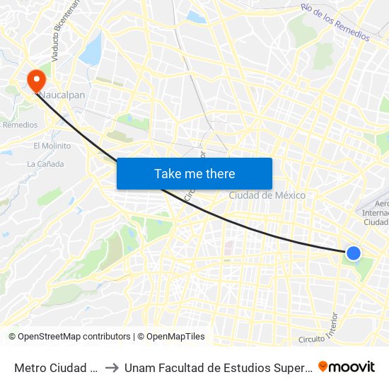 Metro Ciudad Deportiva to Unam Facultad de Estudios Superiores (Fes) Acatlán map