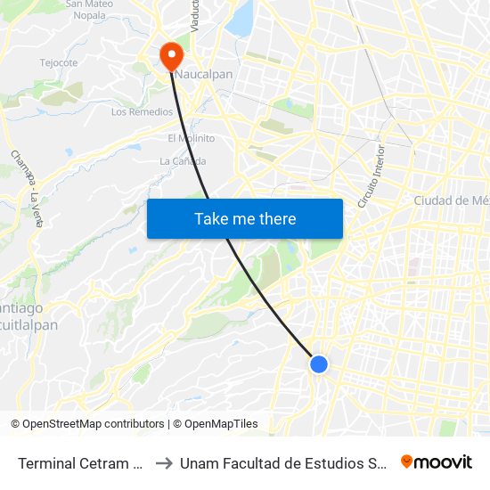 Terminal Cetram Metro Mixcoac to Unam Facultad de Estudios Superiores (Fes) Acatlán map