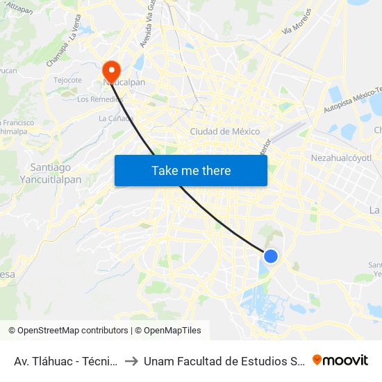 Av. Tláhuac - Técnicos Y Manuales to Unam Facultad de Estudios Superiores (Fes) Acatlán map