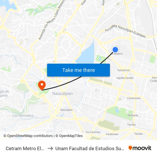 Cetram Metro El Rosario (T2) to Unam Facultad de Estudios Superiores (Fes) Acatlán map