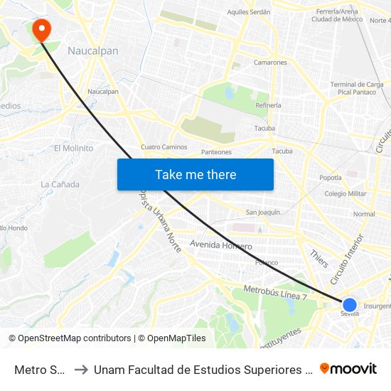 Metro Sevilla to Unam Facultad de Estudios Superiores (Fes) Acatlán map