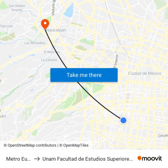 Metro Eugenia to Unam Facultad de Estudios Superiores (Fes) Acatlán map