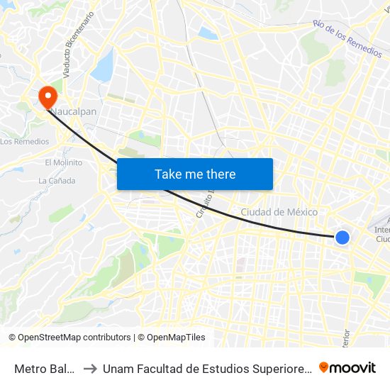 Metro Balbuena to Unam Facultad de Estudios Superiores (Fes) Acatlán map