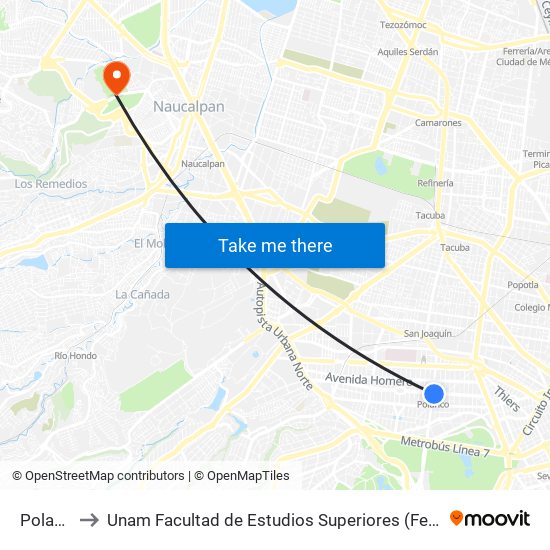 Polanco to Unam Facultad de Estudios Superiores (Fes) Acatlán map