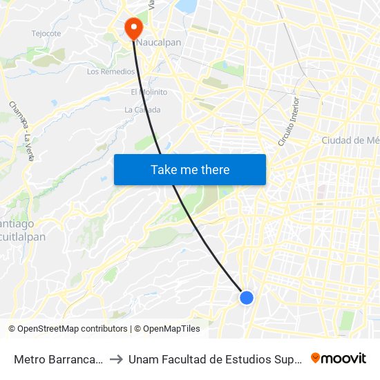Metro Barranca del Muerto to Unam Facultad de Estudios Superiores (Fes) Acatlán map
