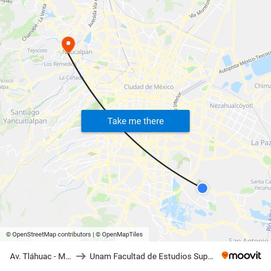 Av. Tláhuac - Metro Olivos to Unam Facultad de Estudios Superiores (Fes) Acatlán map