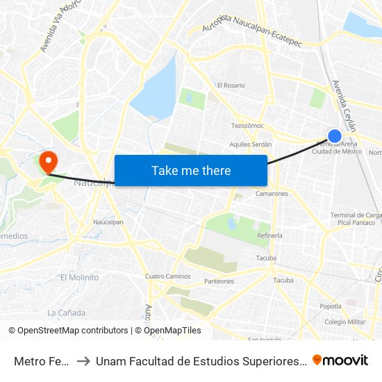 Metro Ferrería to Unam Facultad de Estudios Superiores (Fes) Acatlán map