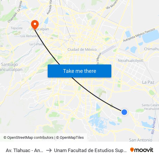 Av. Tlahuac - Antonio Sierra to Unam Facultad de Estudios Superiores (Fes) Acatlán map