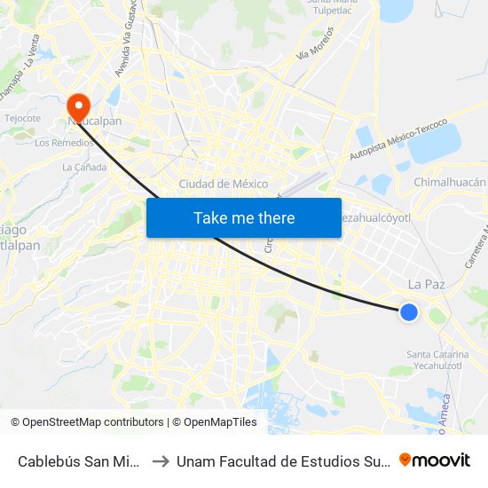 Cablebús San Miguel Teotongo to Unam Facultad de Estudios Superiores (Fes) Acatlán map