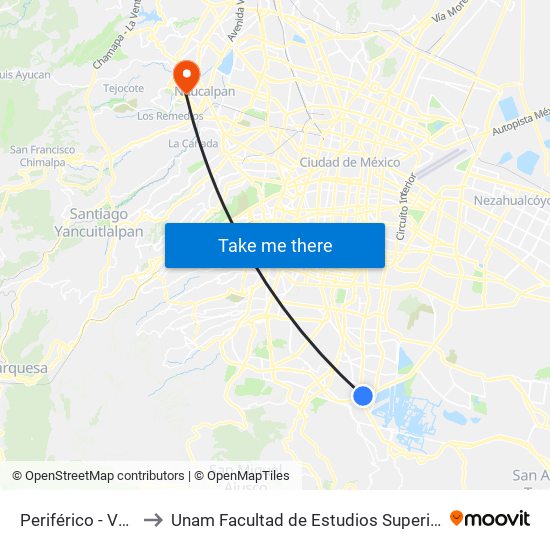 Periférico - Vaqueritos to Unam Facultad de Estudios Superiores (Fes) Acatlán map