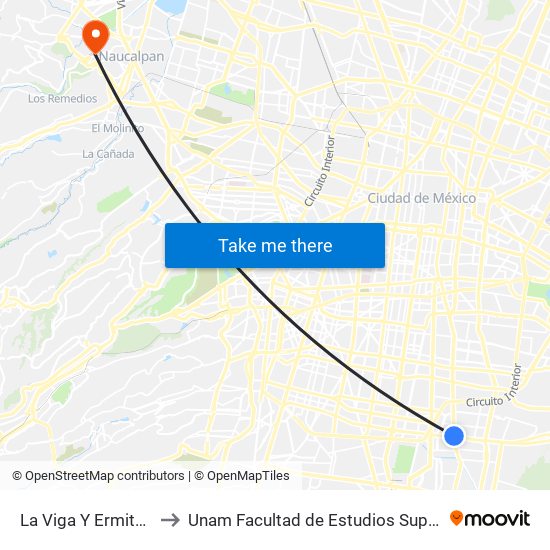 La Viga Y Ermita Iztapalapa to Unam Facultad de Estudios Superiores (Fes) Acatlán map