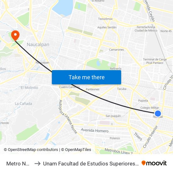 Metro Normal to Unam Facultad de Estudios Superiores (Fes) Acatlán map