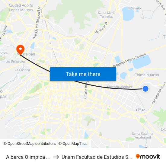 Alberca Olimpica Noe Hernandez to Unam Facultad de Estudios Superiores (Fes) Acatlán map