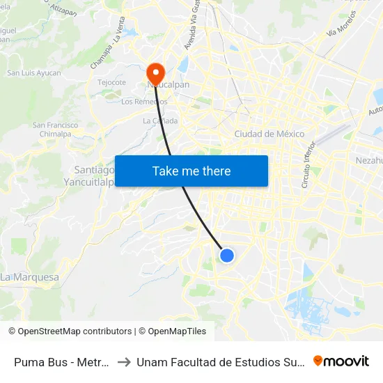Puma Bus - Metro Universidad to Unam Facultad de Estudios Superiores (Fes) Acatlán map