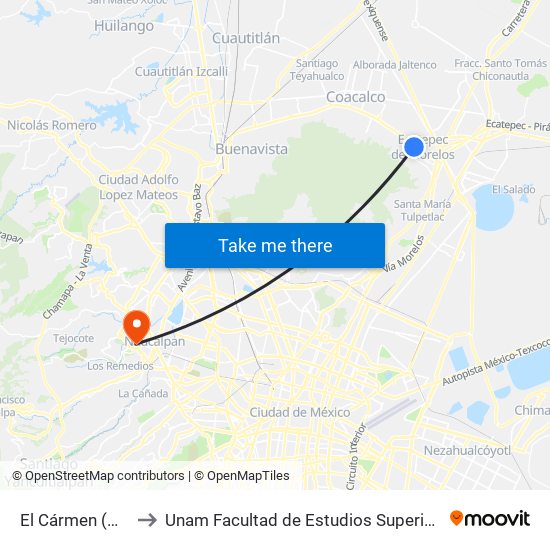 El Cármen (Mexibús) to Unam Facultad de Estudios Superiores (Fes) Acatlán map