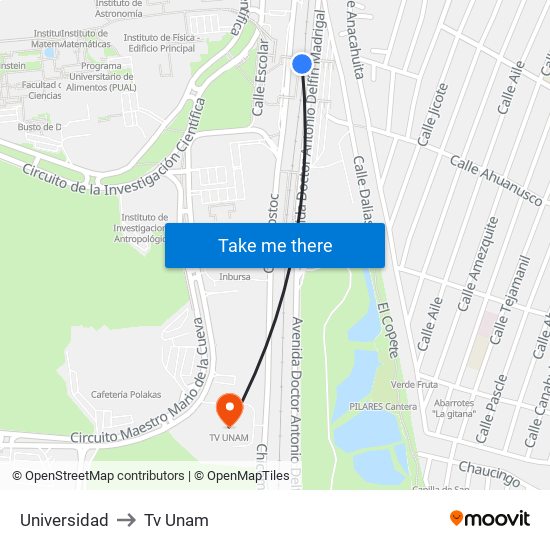 Universidad to Tv Unam map