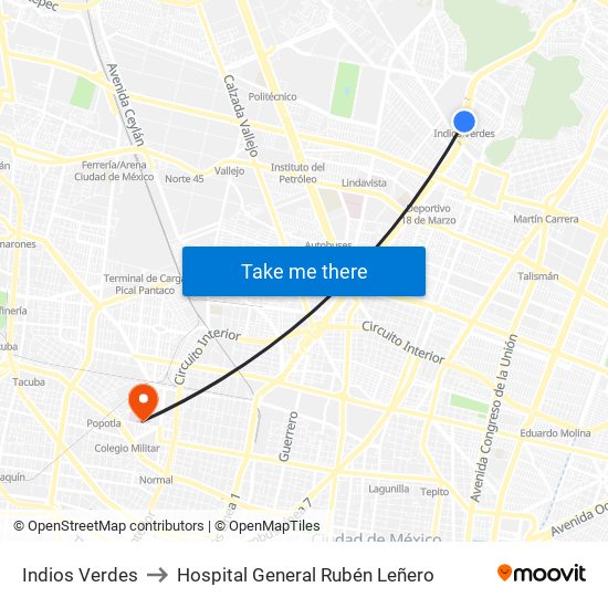 Indios Verdes to Hospital General Rubén Leñero map