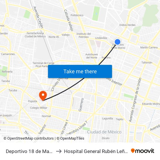 Deportivo 18 de Marzo to Hospital General Rubén Leñero map