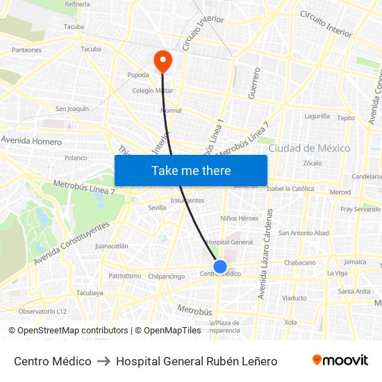 Centro Médico to Hospital General Rubén Leñero map