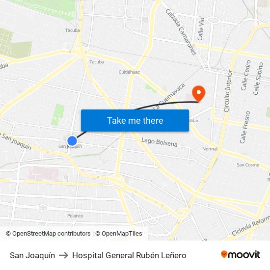 San Joaquín to Hospital General Rubén Leñero map