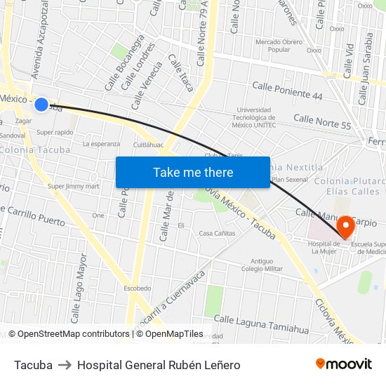 Tacuba to Hospital General Rubén Leñero map
