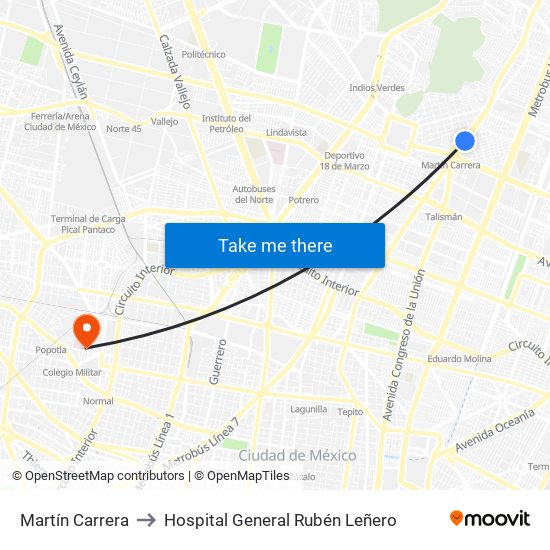 Martín Carrera to Hospital General Rubén Leñero map