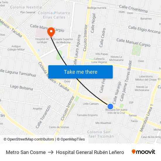 Metro San Cosme to Hospital General Rubén Leñero map