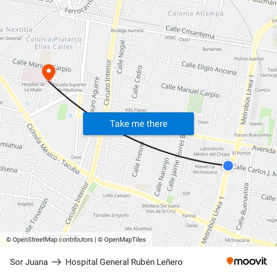Sor Juana to Hospital General Rubén Leñero map