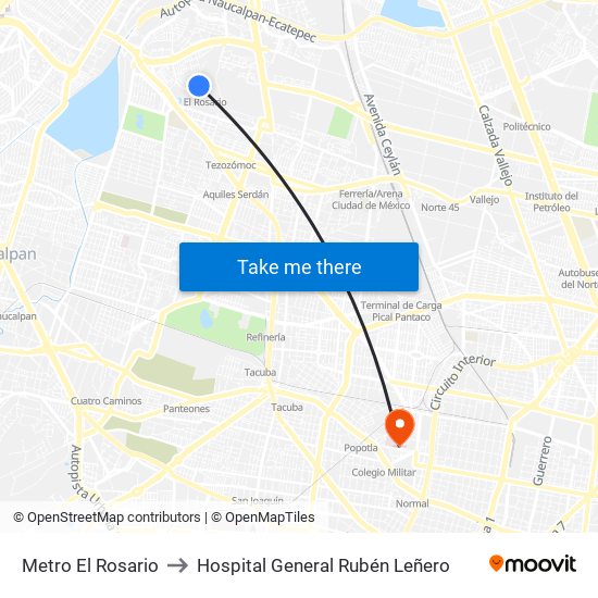 Metro El Rosario to Hospital General Rubén Leñero map