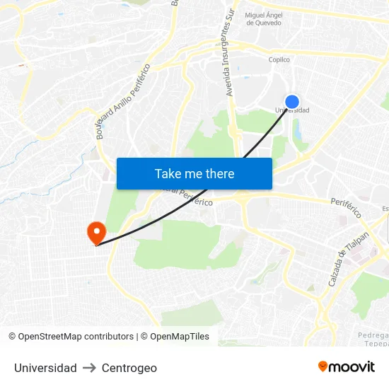 Universidad to Centrogeo map