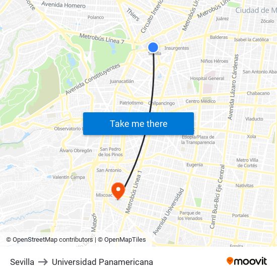 Sevilla to Universidad Panamericana map