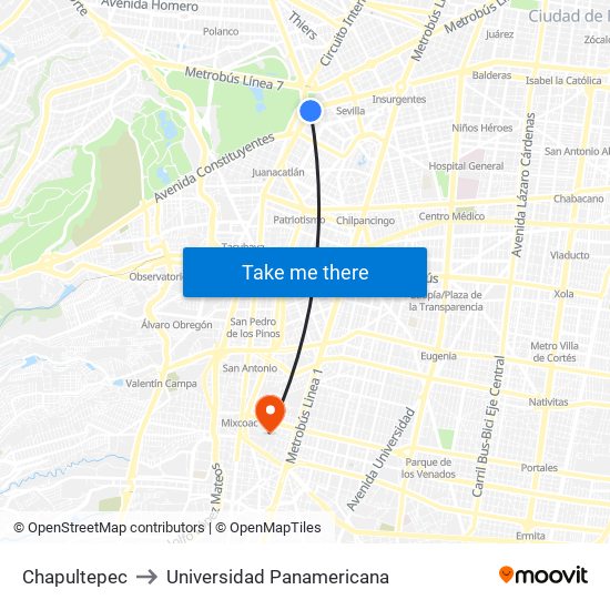 Chapultepec to Universidad Panamericana map