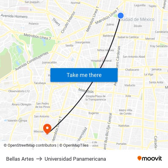 Bellas Artes to Universidad Panamericana map