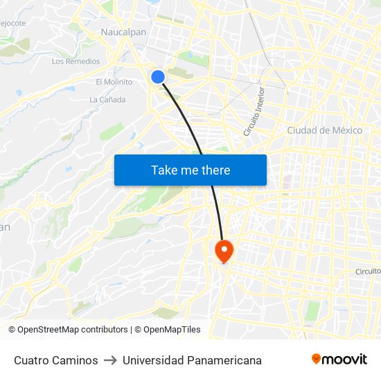 Cuatro Caminos to Universidad Panamericana map