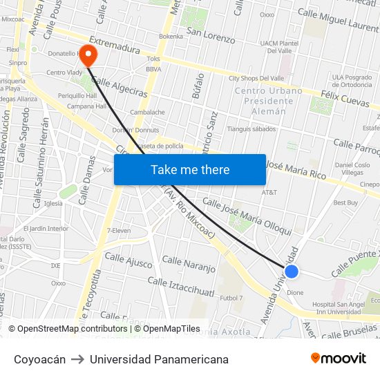 Coyoacán to Universidad Panamericana map