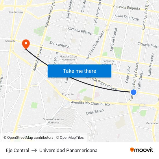 Eje Central to Universidad Panamericana map