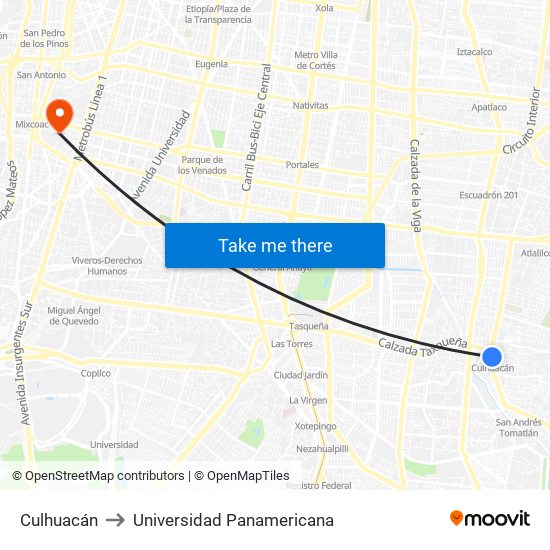 Culhuacán to Universidad Panamericana map