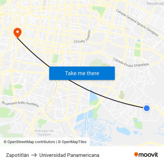 Zapotitlán to Universidad Panamericana map