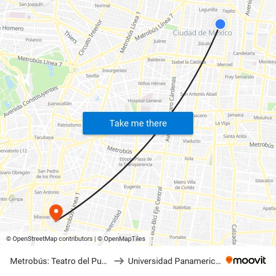 Metrobús: Teatro del Pueblo to Universidad Panamericana map