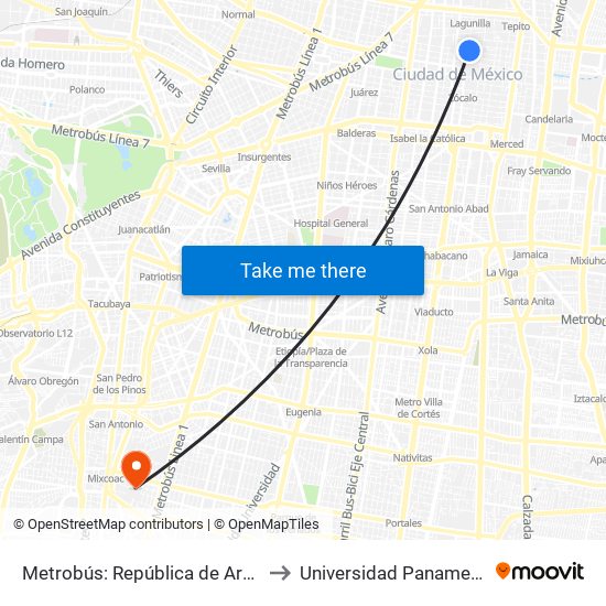 Metrobús: República de Argentina to Universidad Panamericana map