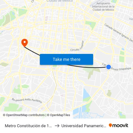 Metro Constitución de 1917 to Universidad Panamericana map