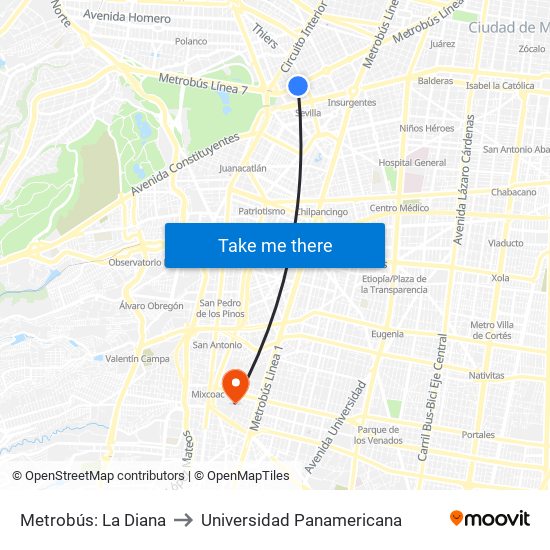 Metrobús: La Diana to Universidad Panamericana map