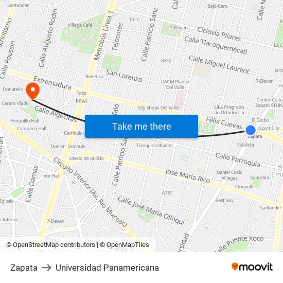 Zapata to Universidad Panamericana map