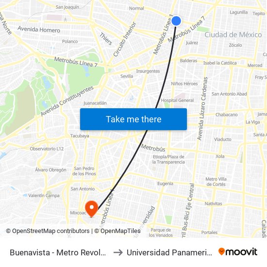 Buenavista - Metro Revolución to Universidad Panamericana map