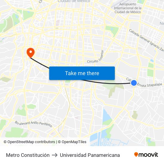 Metro Constitución to Universidad Panamericana map
